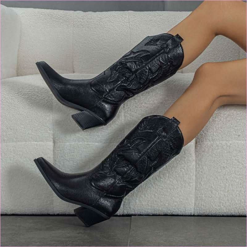 Embroidered Chunky Heel Satin Western Boots with Glimmers - Pleasures and Sins