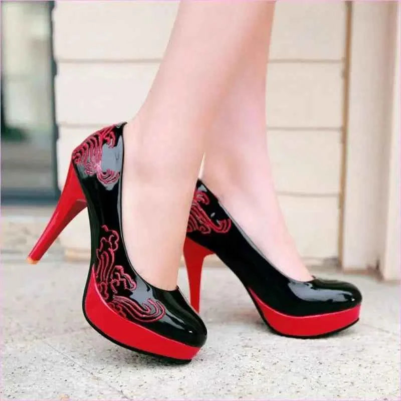Embroidered High Heels in Black and Red for Stylish Ladies Court Shoes - Pleasures and Sins