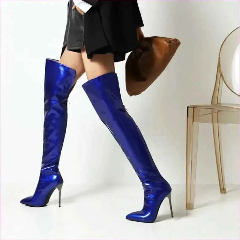 Emerald Green Bright Leather Pointed Toe Stiletto Knee Boots - Pleasures and Sins