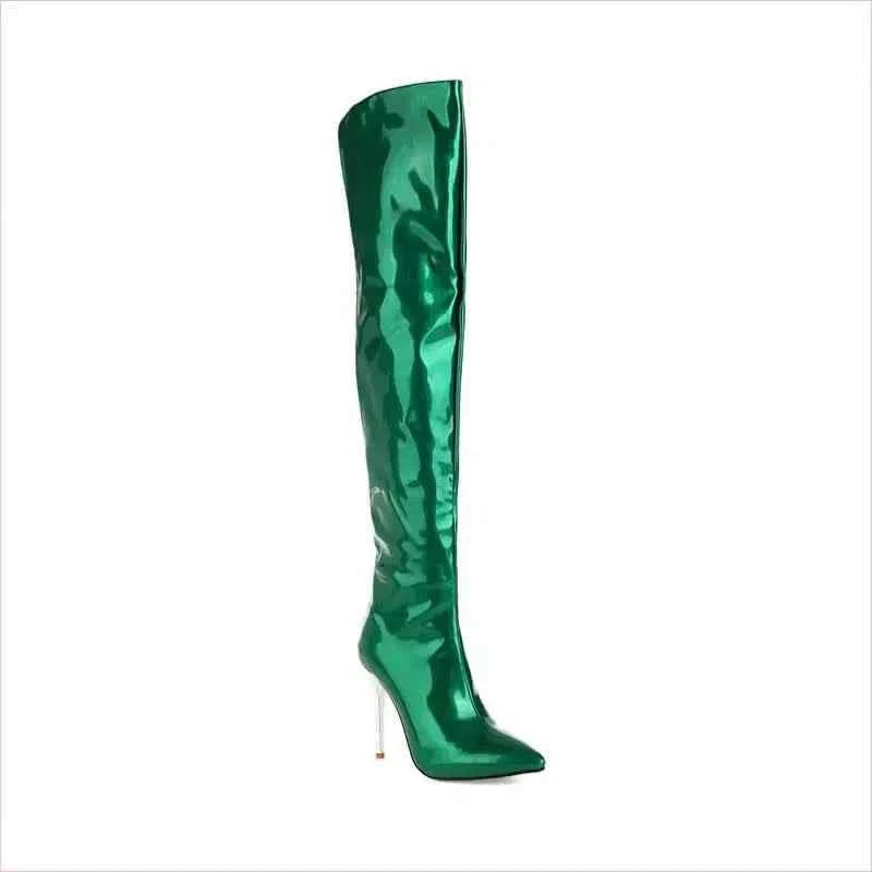 Emerald Green Bright Leather Pointed Toe Stiletto Knee Boots - Pleasures and Sins