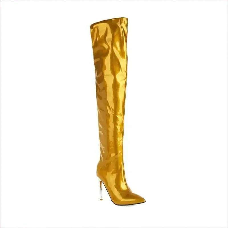 Emerald Green Bright Leather Pointed Toe Stiletto Knee Boots - Pleasures and Sins