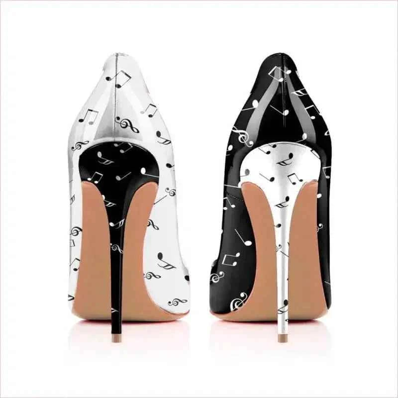 Eye-patterned Stiletto High Heels with Music Note Design - Pleasures and Sins