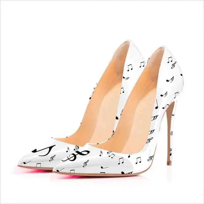Eye-patterned Stiletto High Heels with Music Note Design - Pleasures and Sins
