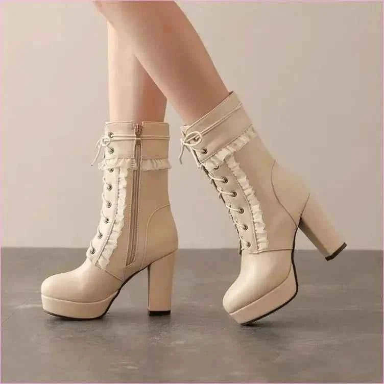 Fashion High Heel Ankle Boots with Lace Detail in Multiple Colors - Pleasures and Sins