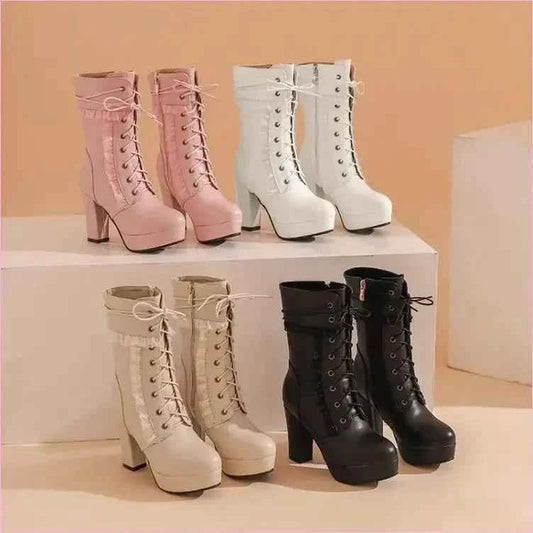 Fashion High Heel Ankle Boots with Lace Detail in Multiple Colors - Pleasures and Sins