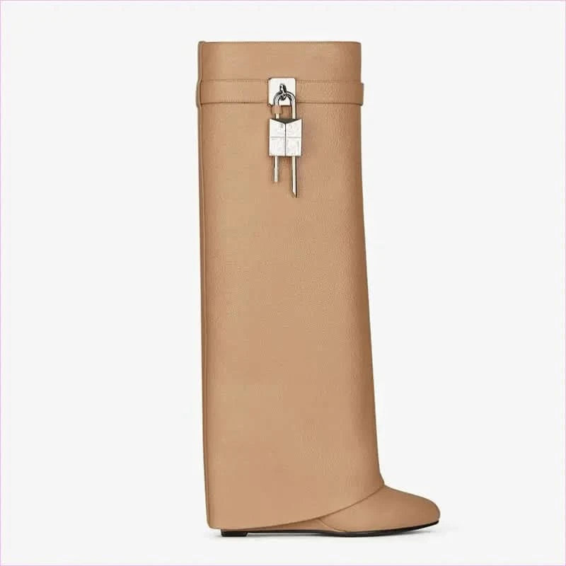 Fashion Shark Lock Knee High Boots in Black and White - Pleasures and Sins