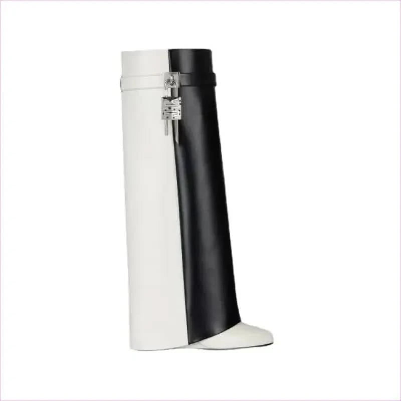 Fashion Shark Lock Knee High Boots in Black and White - Pleasures and Sins