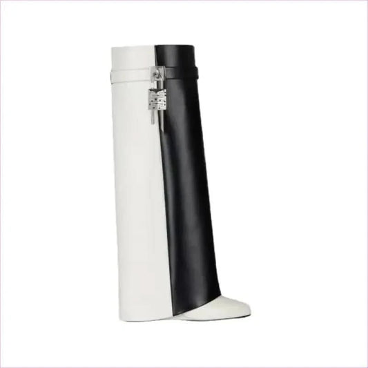 Fashion Shark Lock Knee High Boots in Black and White - Pleasures and Sins