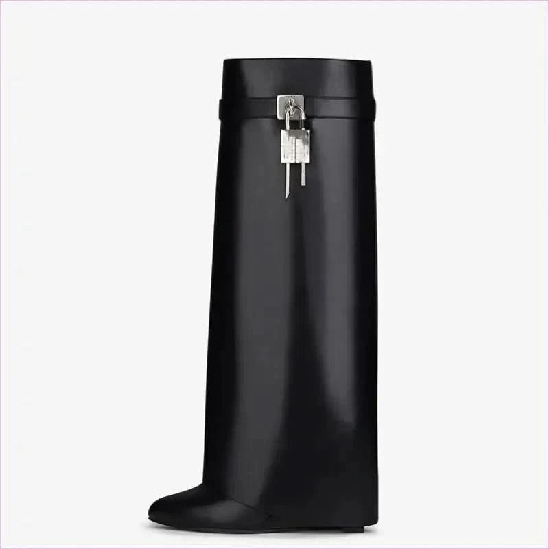 Fashion Shark Lock Knee High Boots in Black and White - Pleasures and Sins