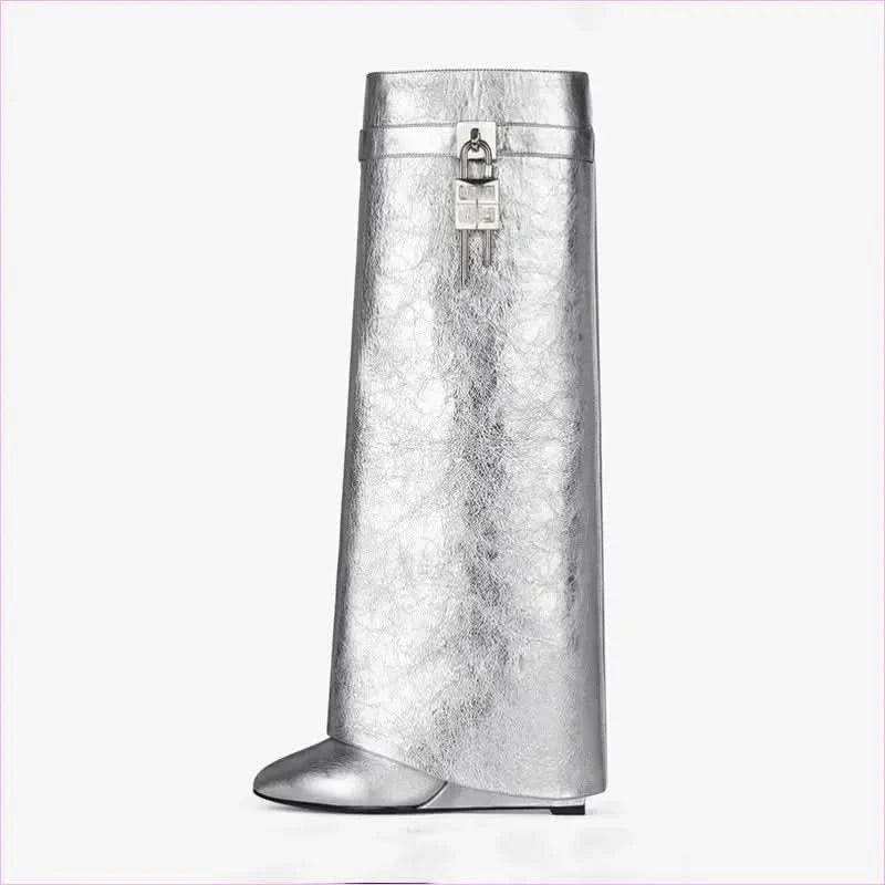 Fashion Shark Lock Knee High Boots in Black and White - Pleasures and Sins