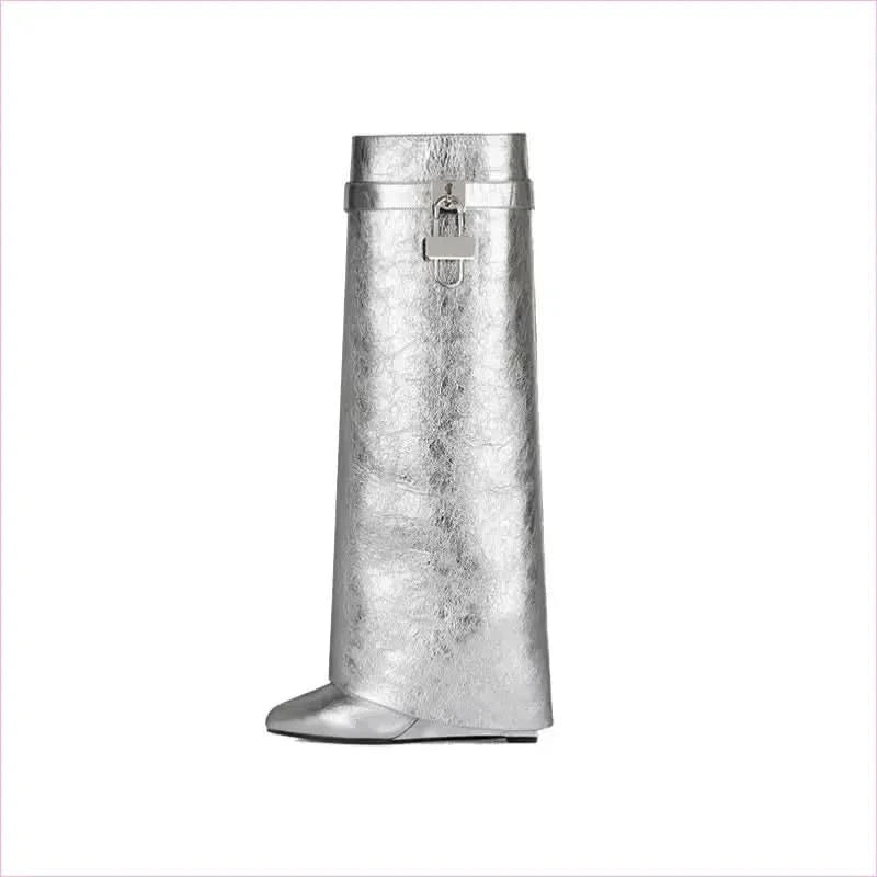 Fashion Shark Lock Knee High Boots in Black and White - Pleasures and Sins