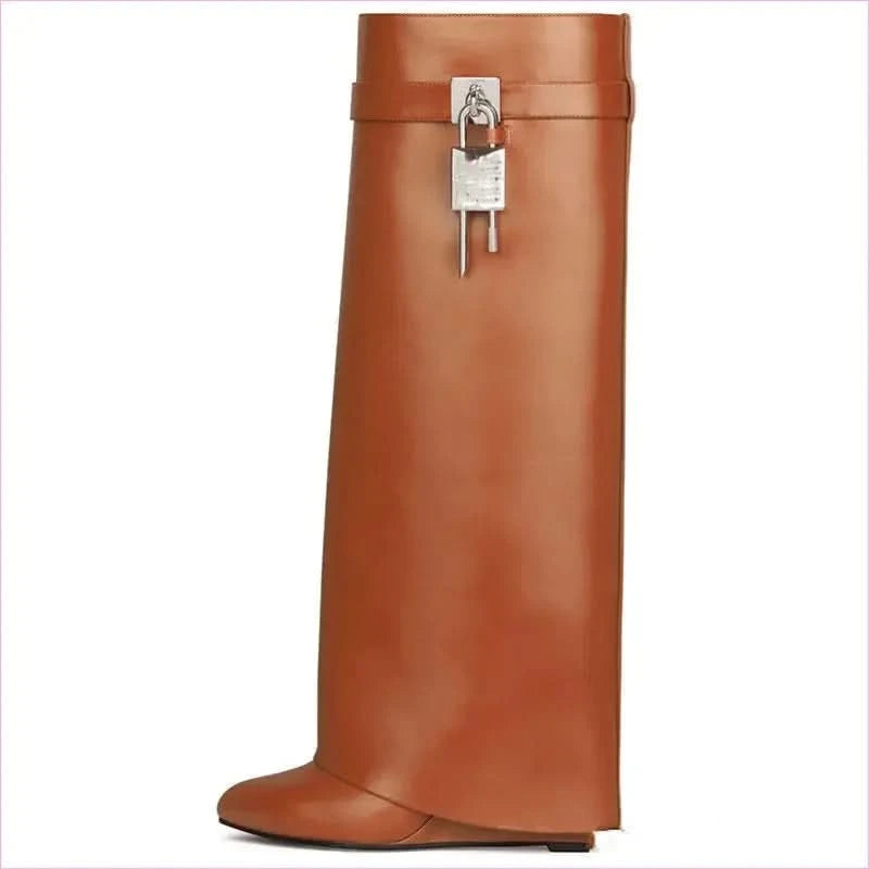 Fashion Shark Lock Knee High Boots in Black and White - Pleasures and Sins