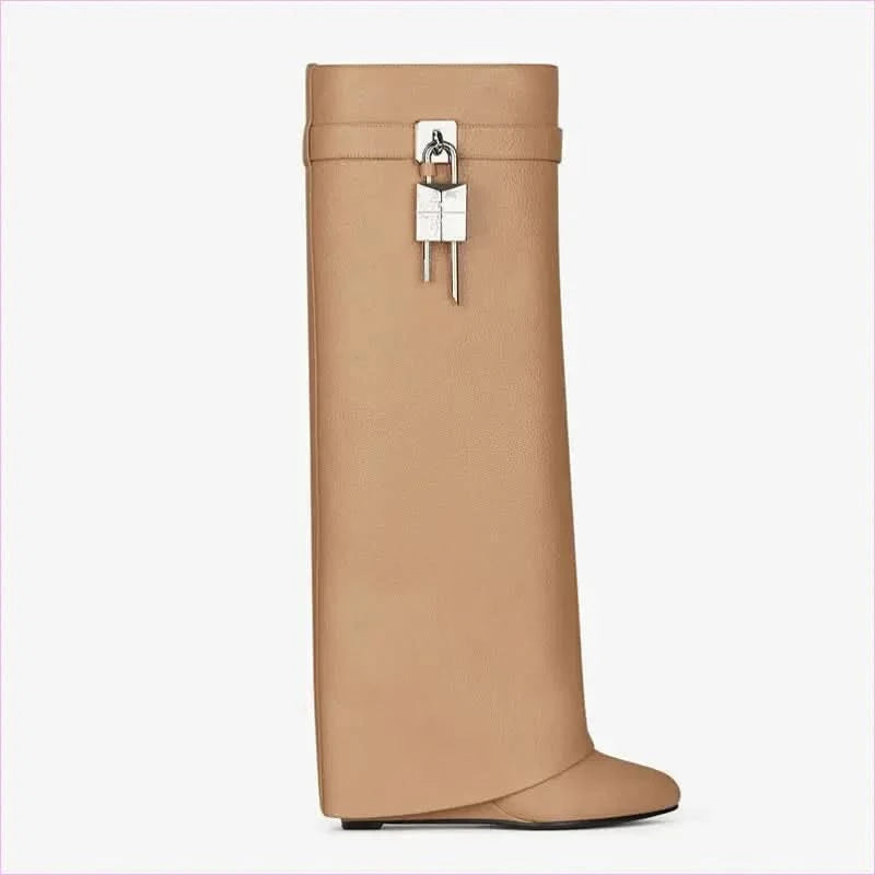 Fashion Shark Lock Knee High Boots in Black and White - Pleasures and Sins