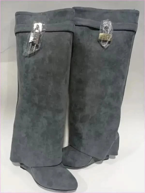 Fashion Shark Lock Knee High Boots in Black and White - Pleasures and Sins