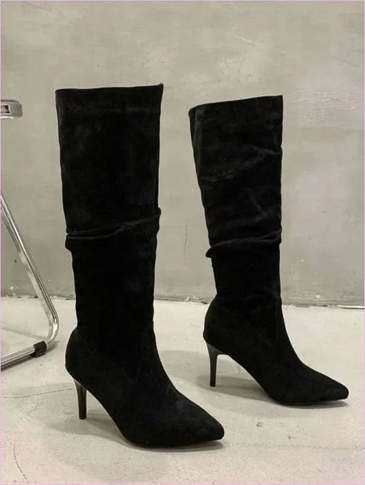 Faux Suede Low Heel Boots with Pointed Toe and Casual Zip - Pleasures and Sins