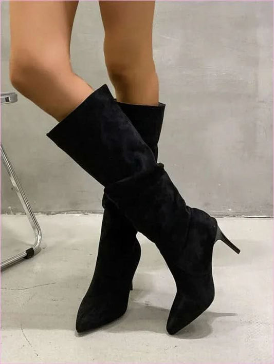 Faux Suede Low Heel Boots with Pointed Toe and Casual Zip - Pleasures and Sins