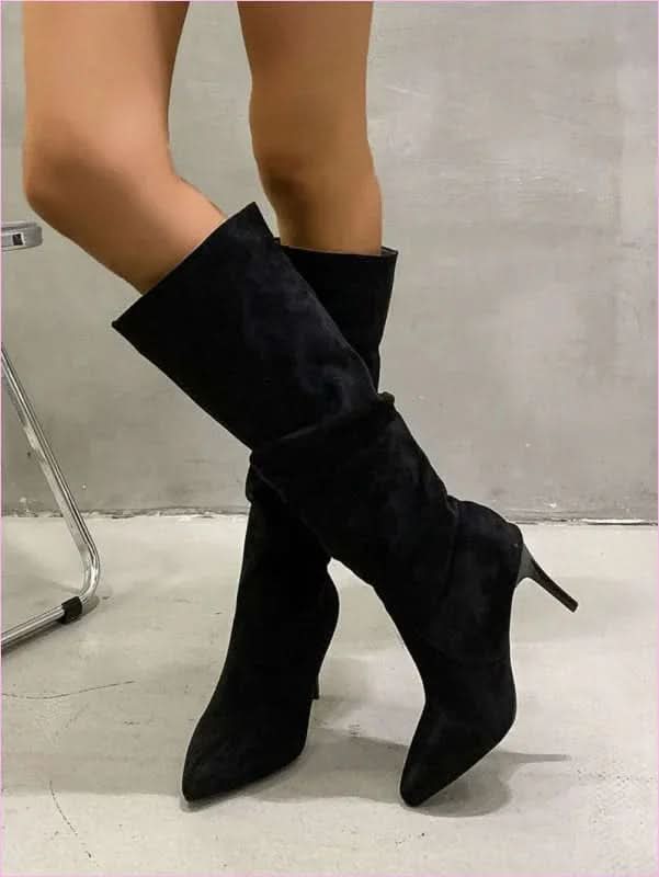 Faux Suede Low Heel Boots with Pointed Toe and Casual Zip - Pleasures and Sins
