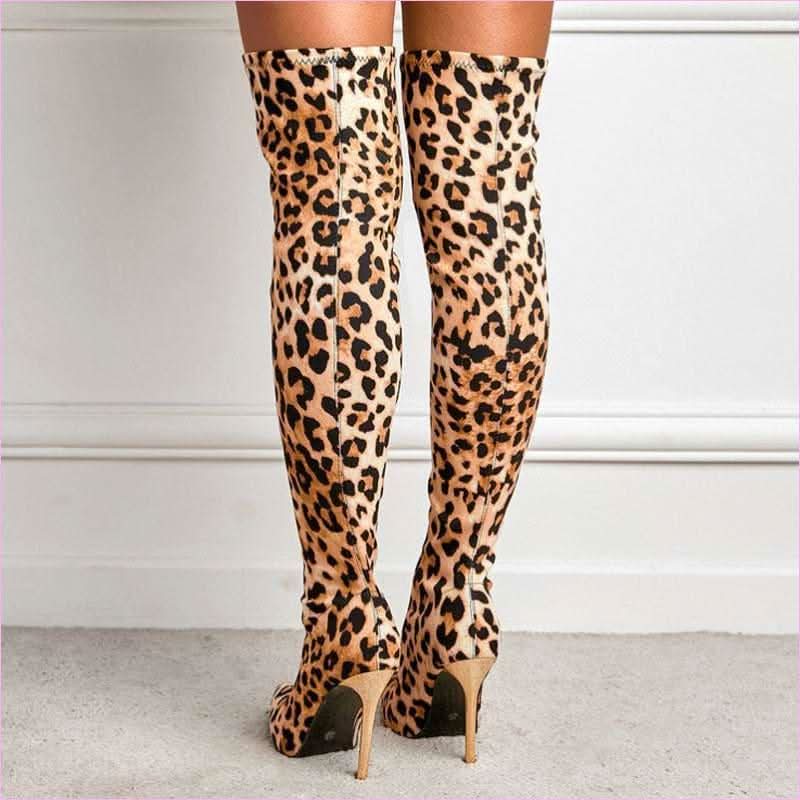 Fierce Leopard Print Skinny Stiletto High Leg Boots for Bold Style - Pleasures and Sins