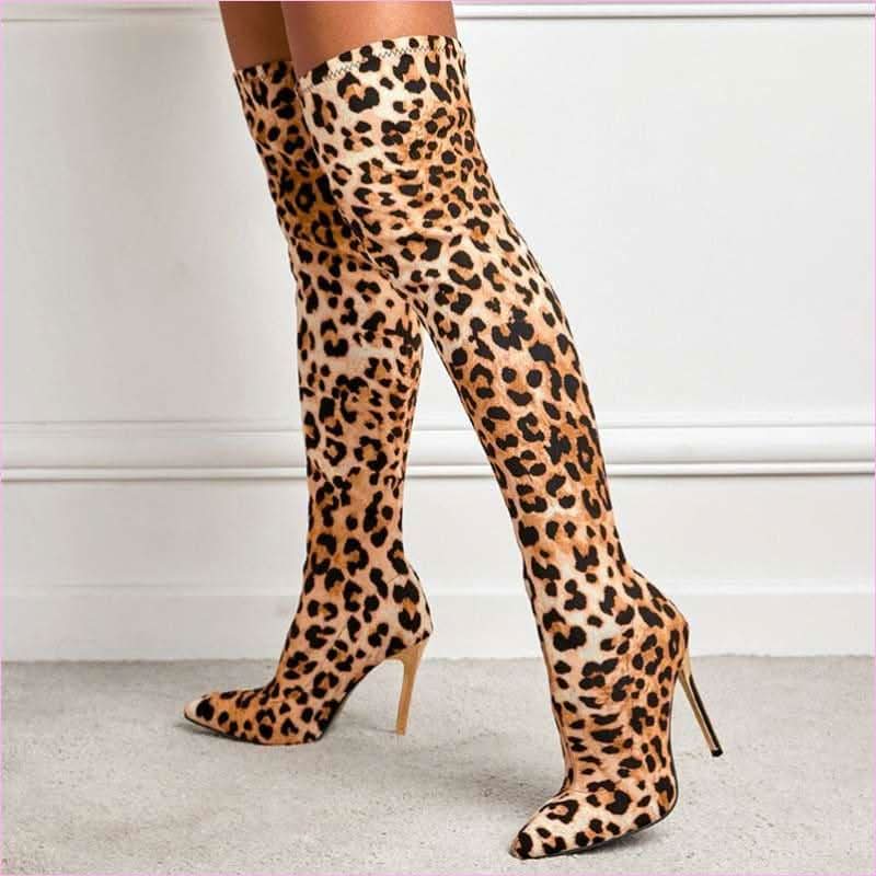 Fierce Leopard Print Skinny Stiletto High Leg Boots for Bold Style - Pleasures and Sins