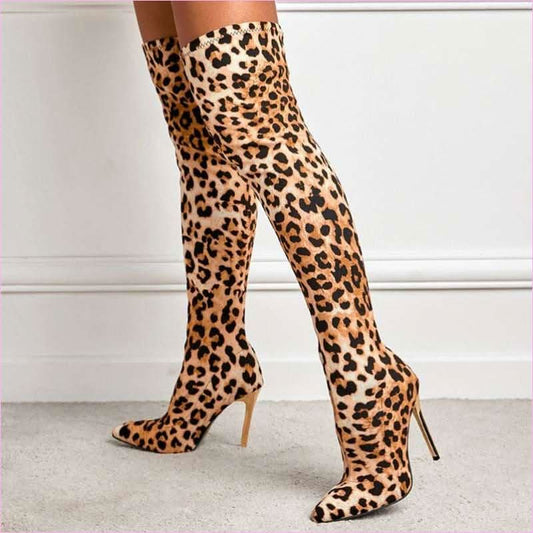 Fierce Leopard Print Skinny Stiletto High Leg Boots for Bold Style - Pleasures and Sins
