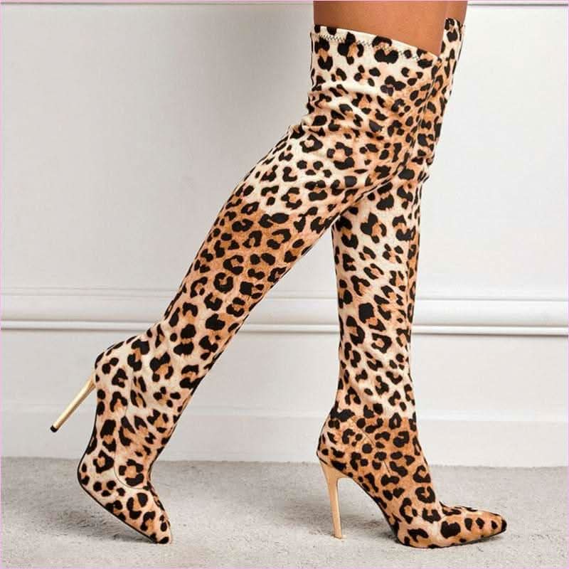 Fierce Leopard Print Skinny Stiletto High Leg Boots for Bold Style - Pleasures and Sins