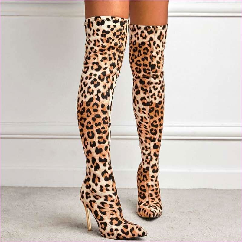 Fierce Leopard Print Skinny Stiletto High Leg Boots for Bold Style - Pleasures and Sins
