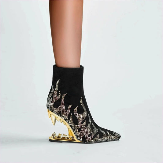 Flame Design High Heel Rhinestone Ankle Boots with Teeth Profiled Heel - Pleasures and Sins