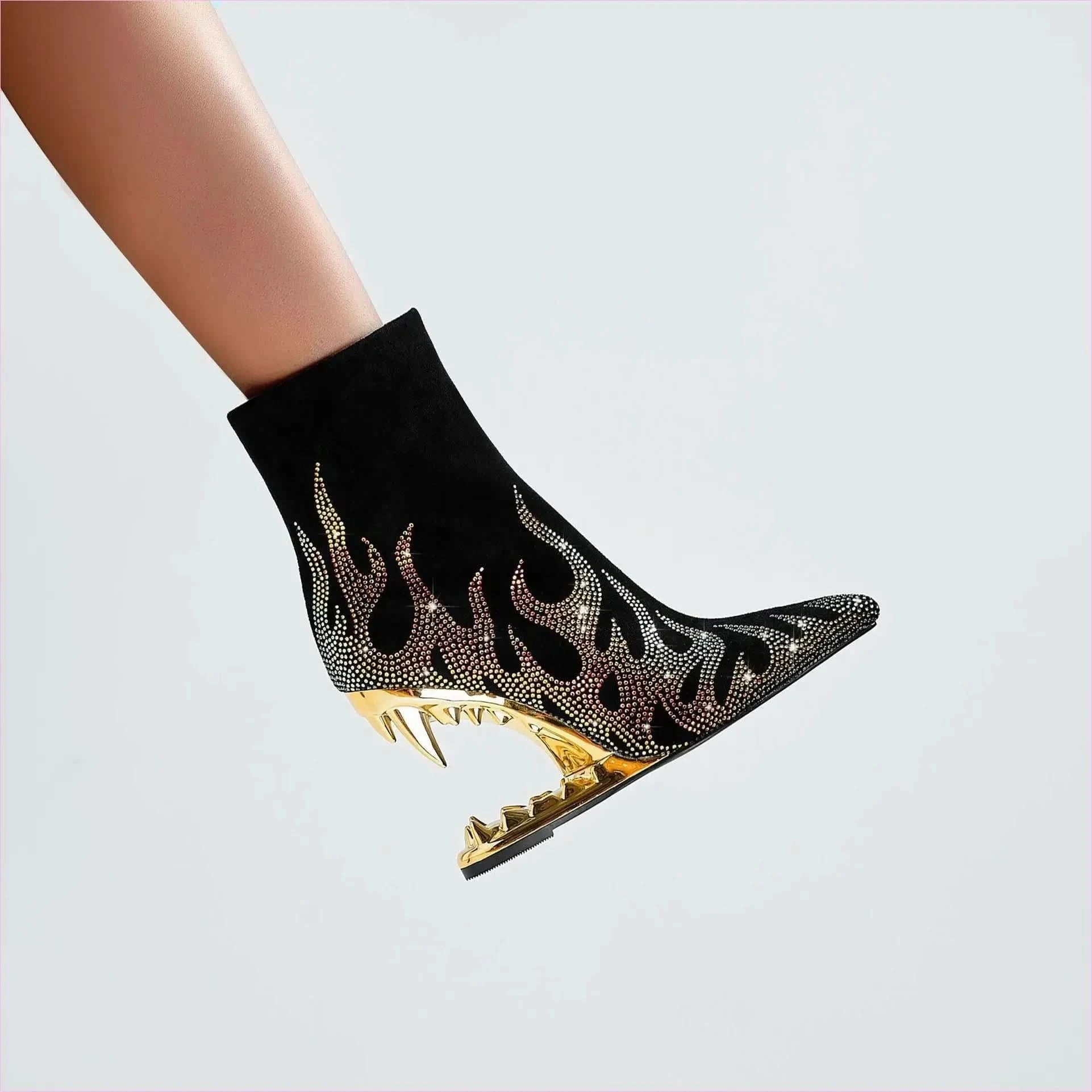 Flame Design High Heel Rhinestone Ankle Boots with Teeth Profiled Heel - Pleasures and Sins