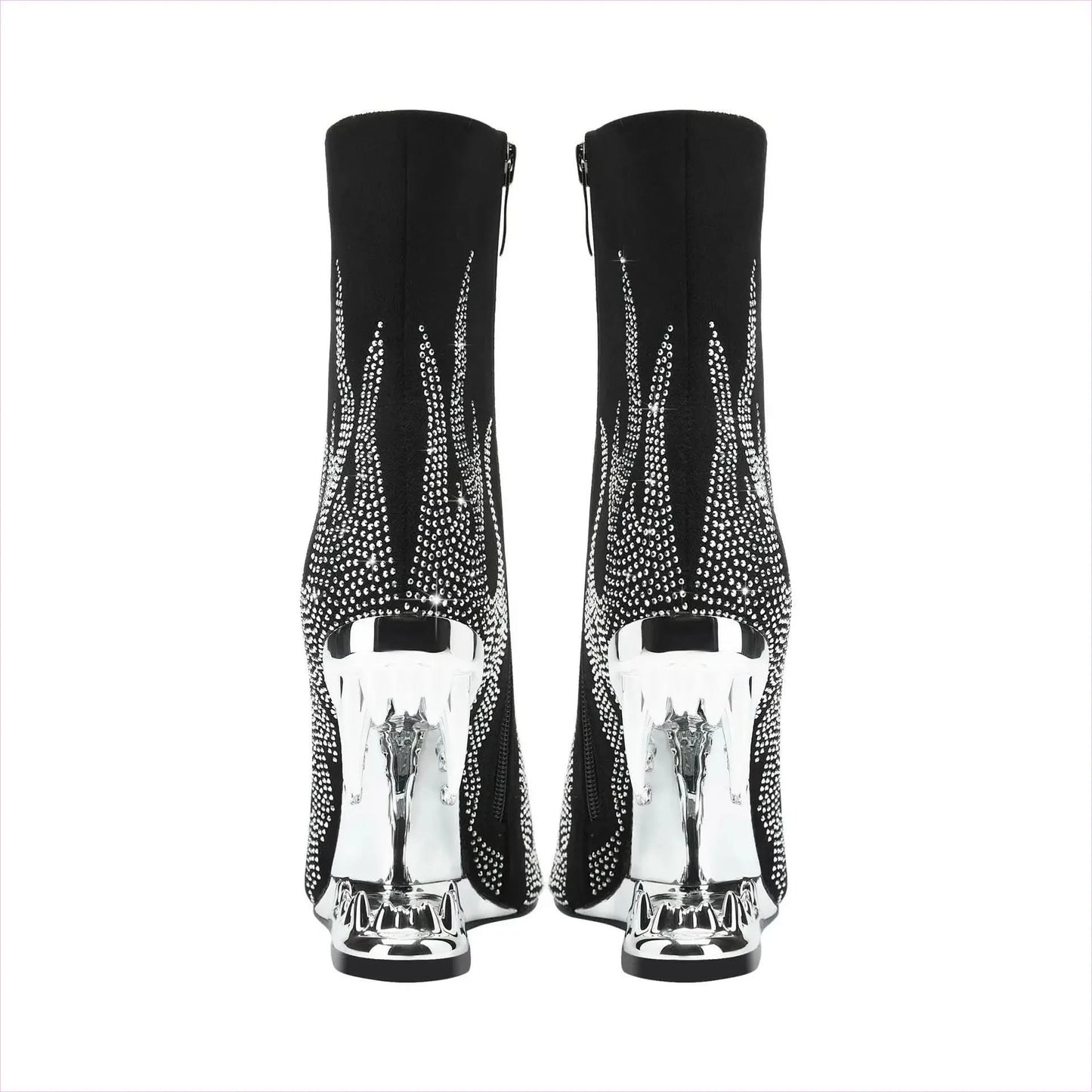 Flame Design High Heel Rhinestone Ankle Boots with Teeth Profiled Heel - Pleasures and Sins