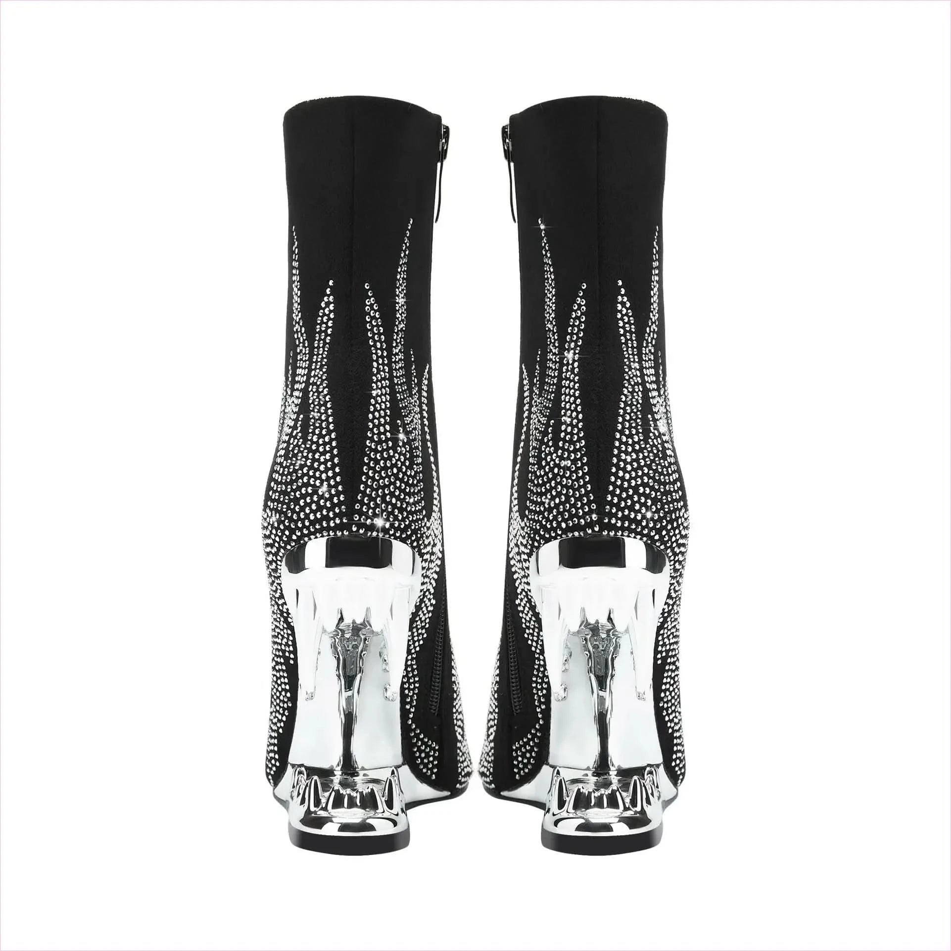 Flame Design High Heel Rhinestone Ankle Boots with Teeth Profiled Heel - Pleasures and Sins