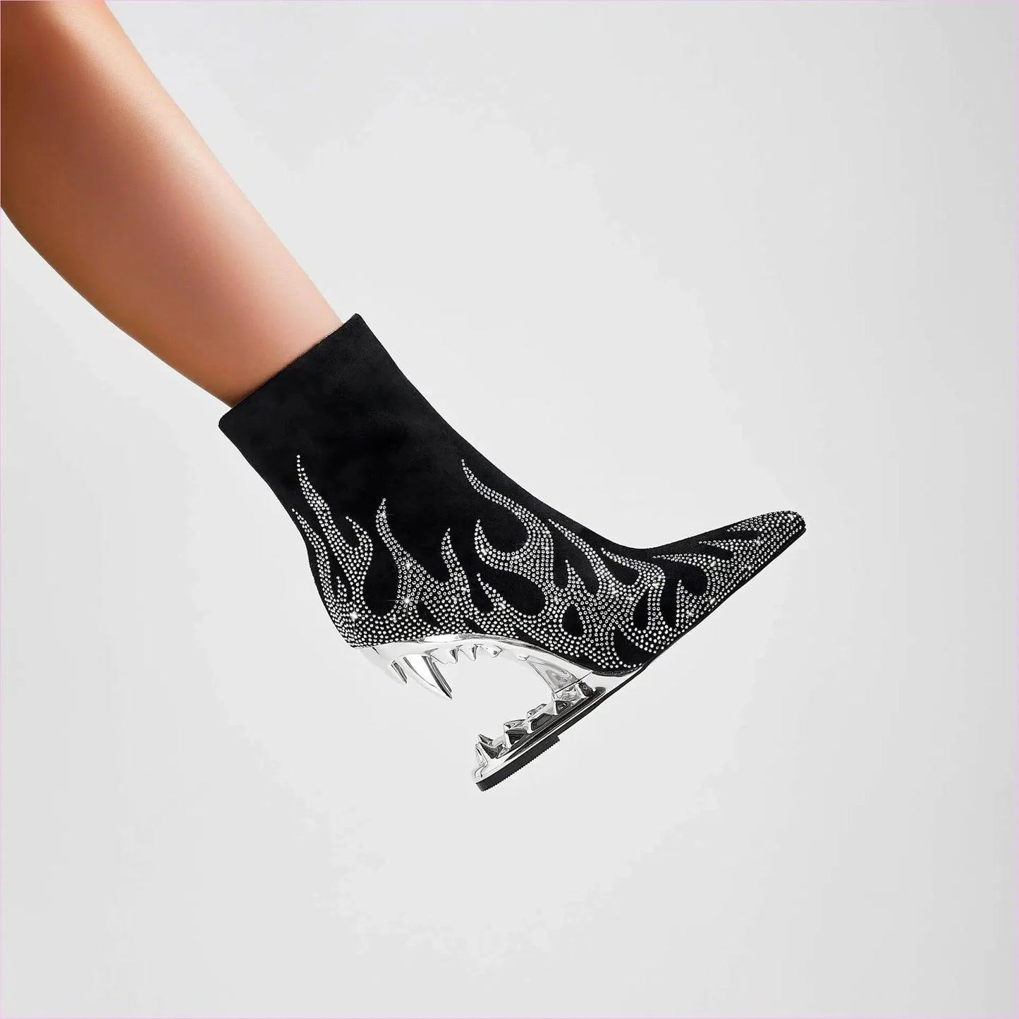 Flame Design High Heel Rhinestone Ankle Boots with Teeth Profiled Heel - Pleasures and Sins