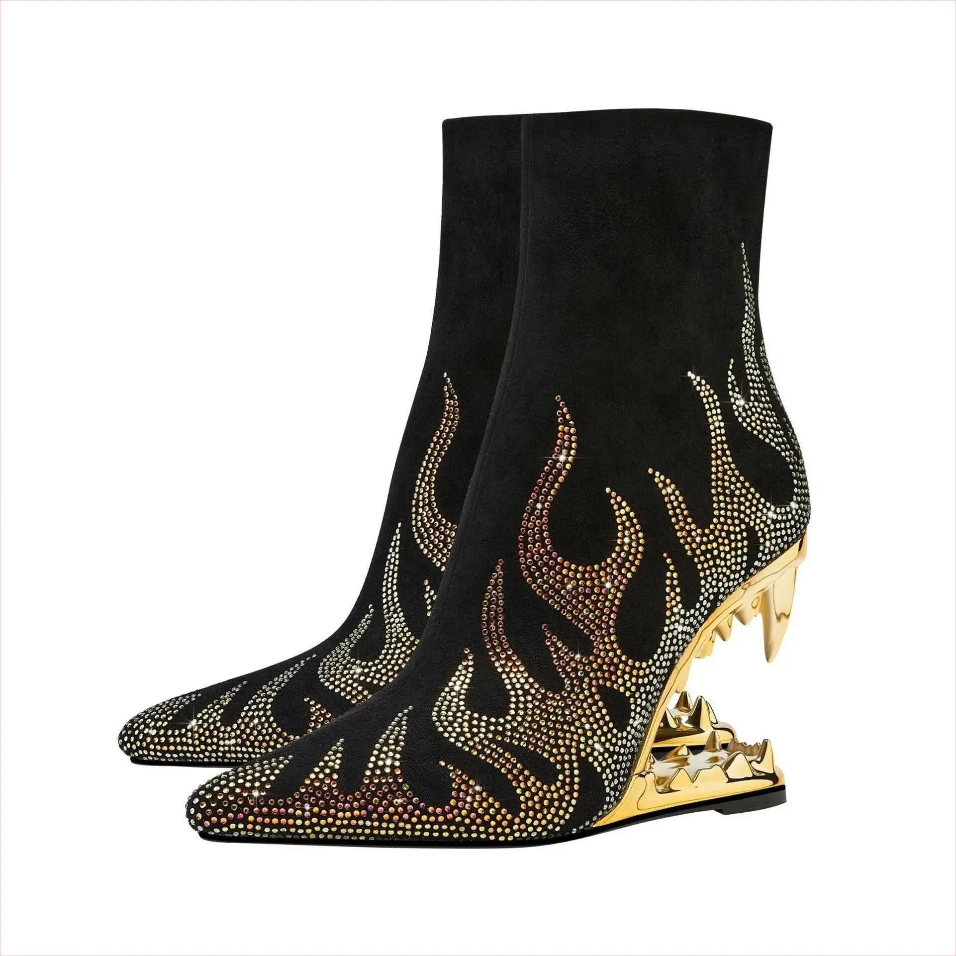 Flame Design High Heel Rhinestone Ankle Boots with Teeth Profiled Heel - Pleasures and Sins