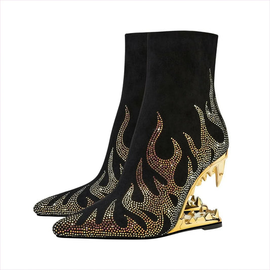 Flame Design High Heel Rhinestone Ankle Boots with Teeth Profiled Heel - Pleasures and Sins