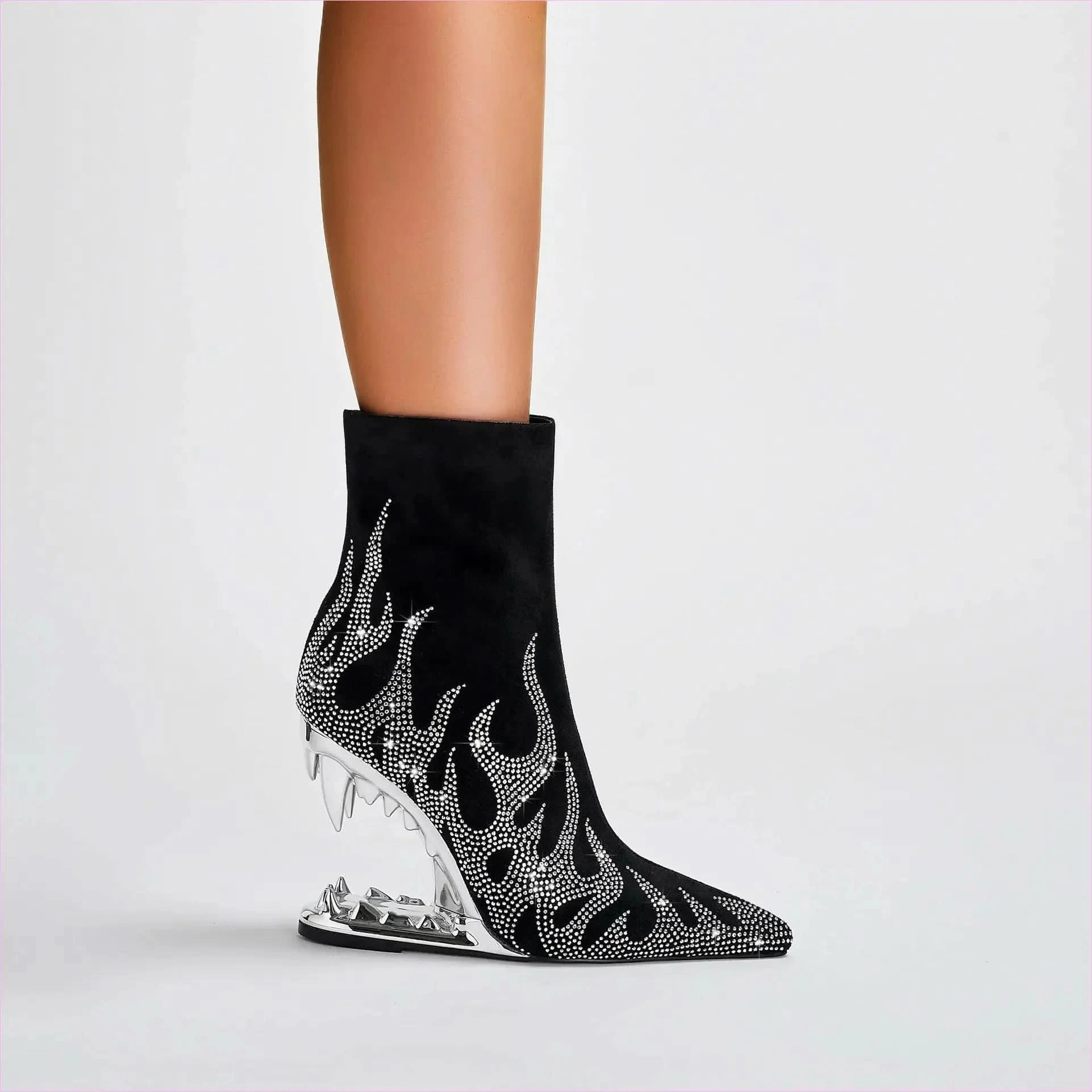 Flame Design High Heel Rhinestone Ankle Boots with Teeth Profiled Heel - Pleasures and Sins