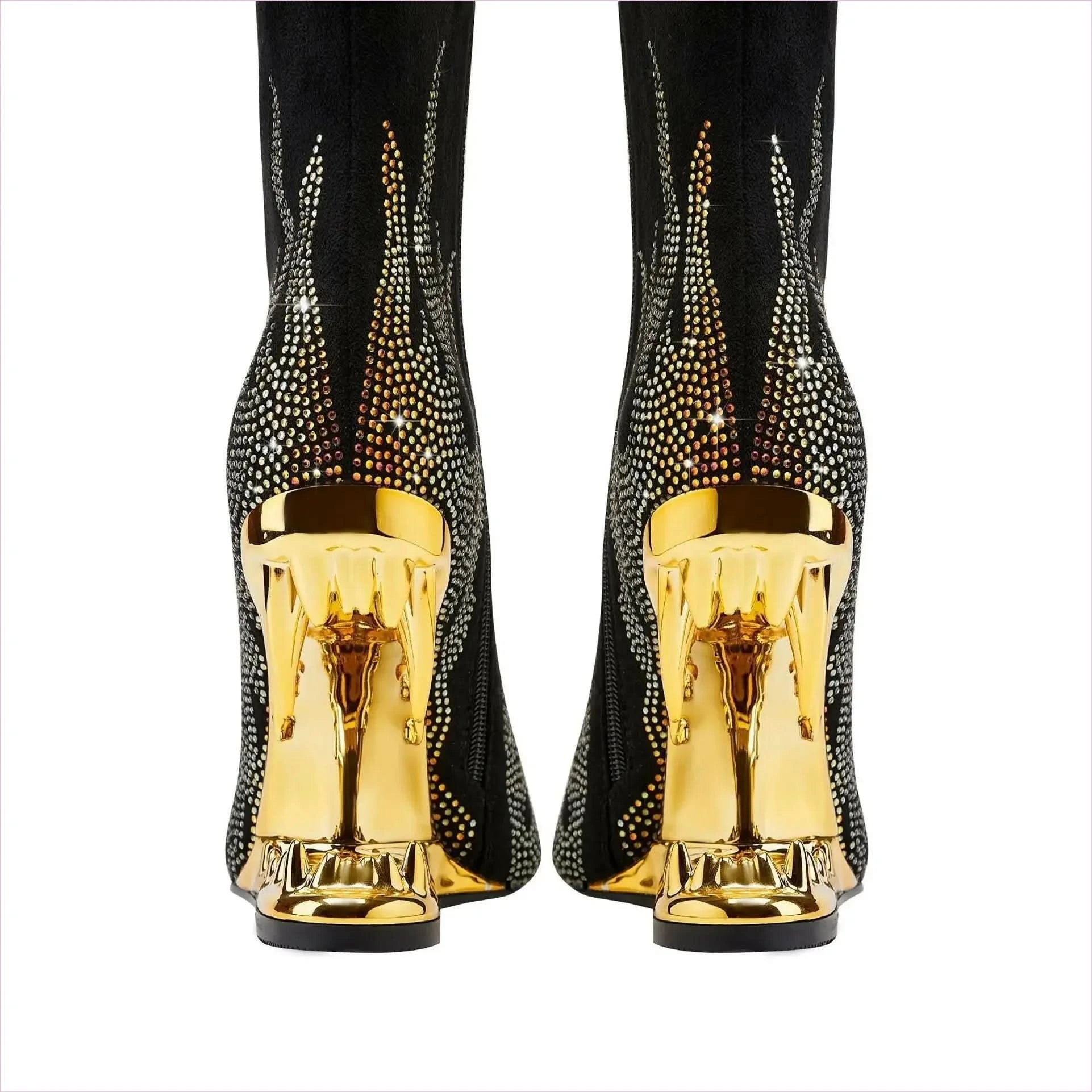 Flame Design High Heel Rhinestone Ankle Boots with Teeth Profiled Heel - Pleasures and Sins