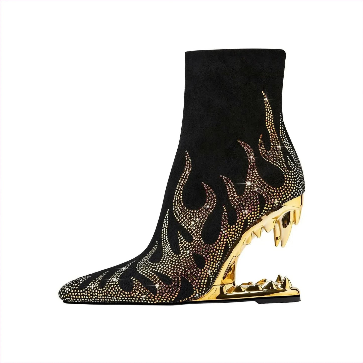 Flame Design High Heel Rhinestone Ankle Boots with Teeth Profiled Heel - Pleasures and Sins