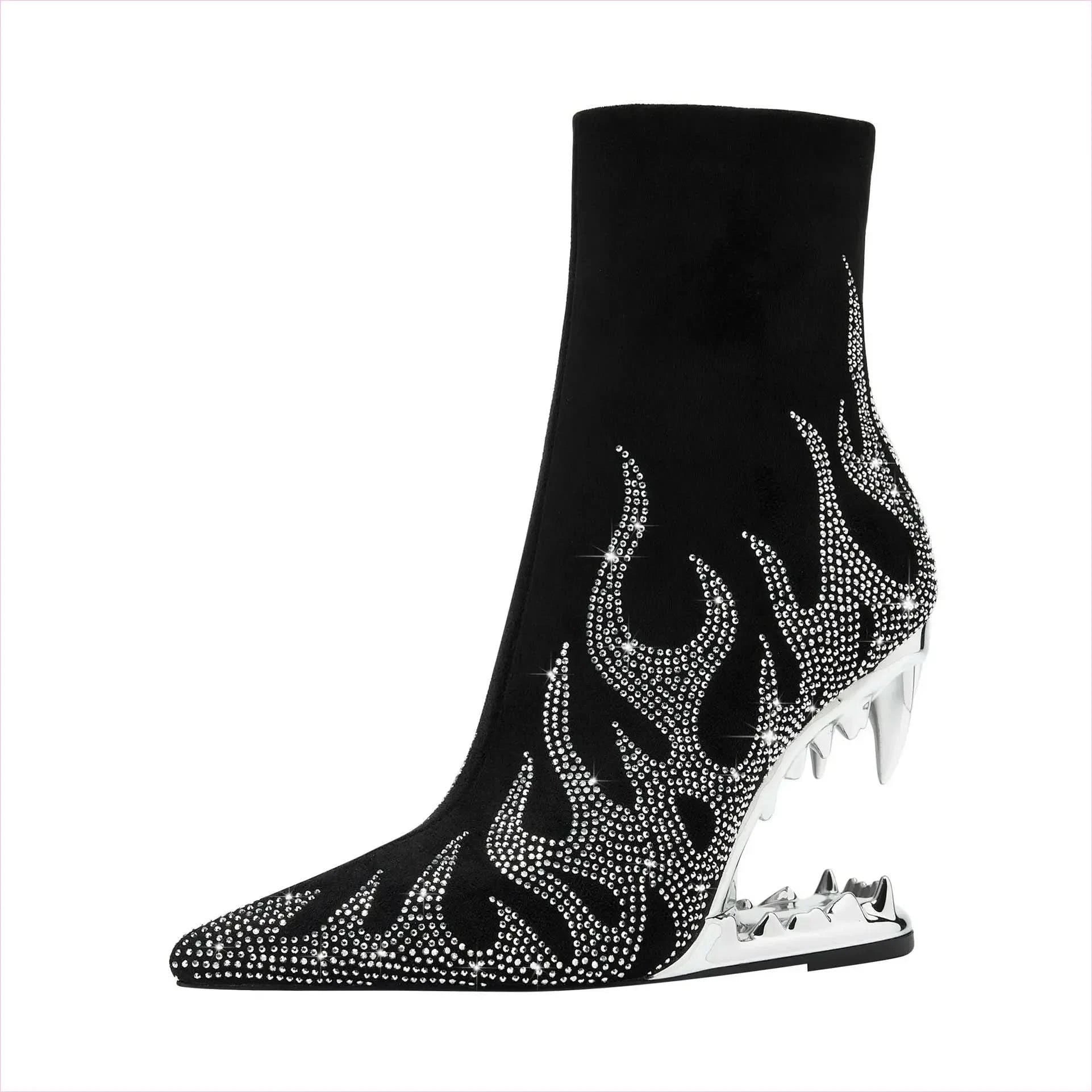 Flame Design High Heel Rhinestone Ankle Boots with Teeth Profiled Heel - Pleasures and Sins
