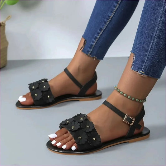 Floral Design Summer Flat Sandals for Ladies in Faux Leather - Pleasures and Sins