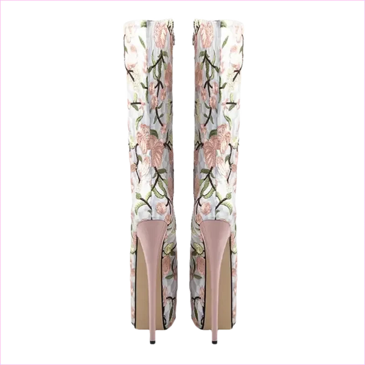 Floral Peep Toe Embroidered Mid Leg Platform Boots - Pleasures and Sins