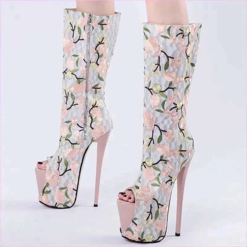 Floral Peep Toe Embroidered Mid Leg Platform Boots - Pleasures and Sins