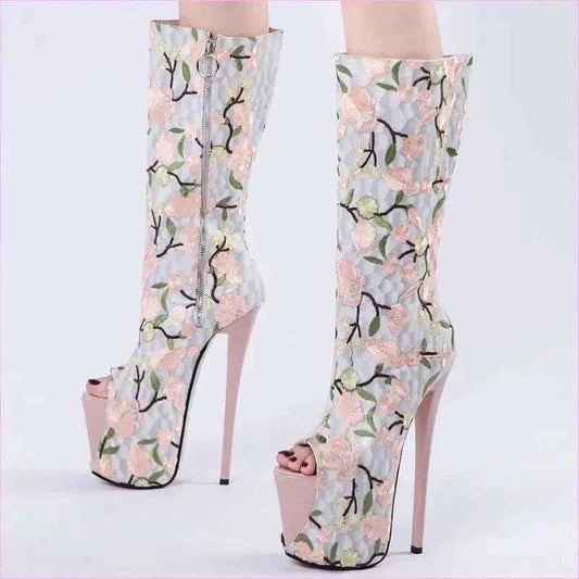 Floral Peep Toe Embroidered Mid Leg Platform Boots - Pleasures and Sins
