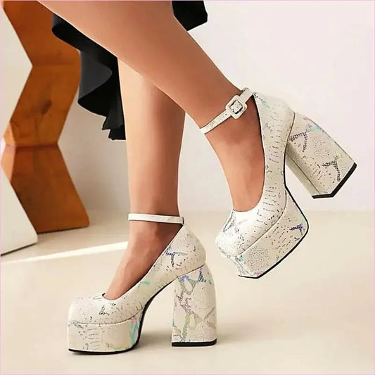 Floral Square Toe High Heel Sandals with Snakeskin Design - Pleasures and Sins