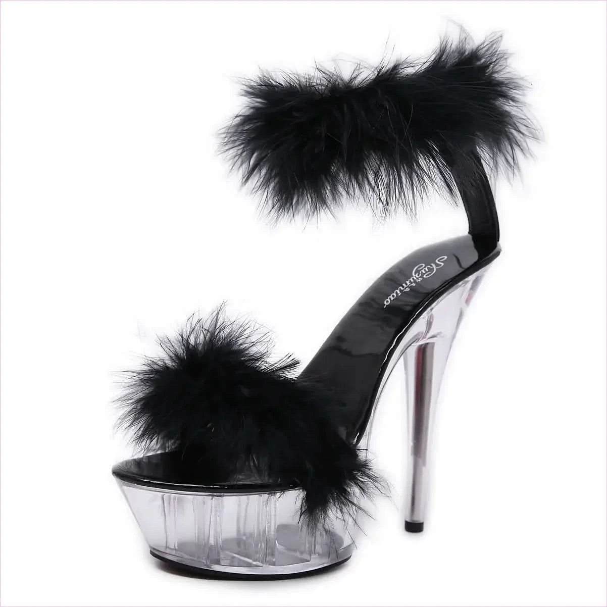 Fluffy Fur Stiletto Heel Sandals with Transparent Platform - Pleasures and Sins