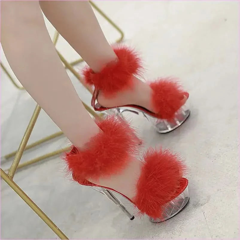 Fluffy Fur Stiletto Heel Sandals with Transparent Platform - Pleasures and Sins