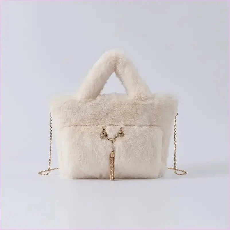 Fluffy Imitation Fur Handbag with Gold Chain Strap - Pleasures and Sins