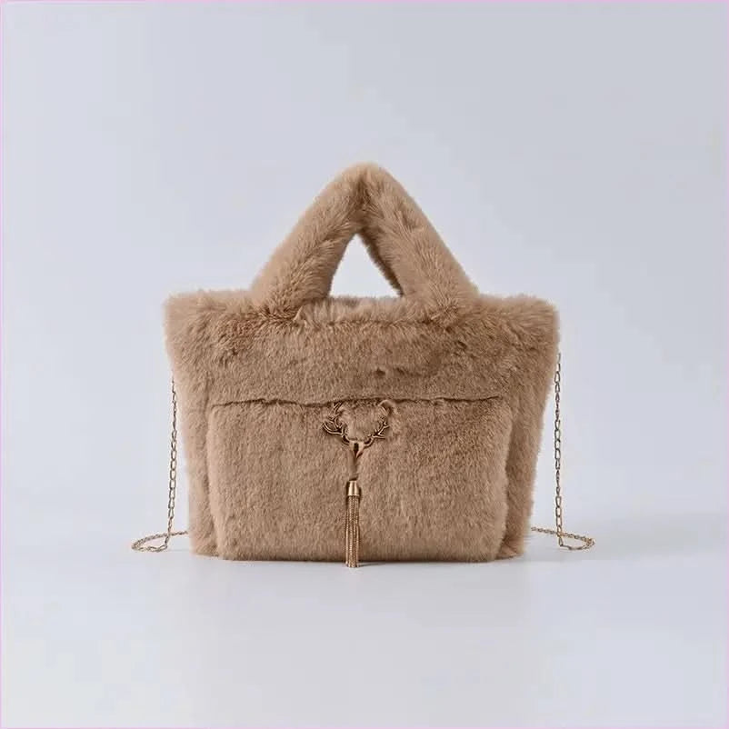 Fluffy Imitation Fur Handbag with Gold Chain Strap - Pleasures and Sins