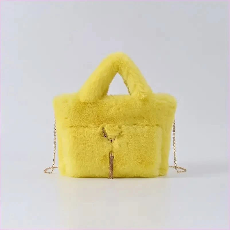 Fluffy Imitation Fur Handbag with Gold Chain Strap - Pleasures and Sins