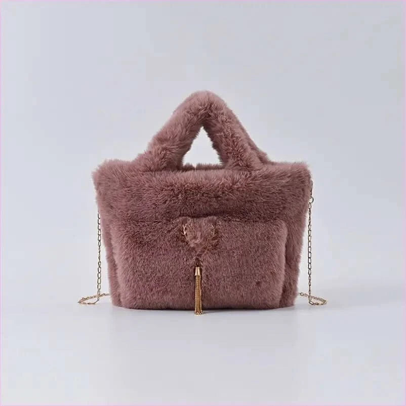 Fluffy Imitation Fur Handbag with Gold Chain Strap - Pleasures and Sins