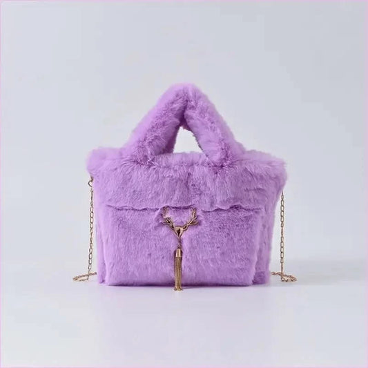 Fluffy Imitation Fur Handbag with Gold Chain Strap - Pleasures and Sins