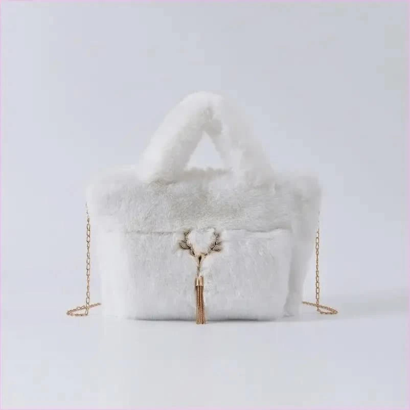Fluffy Imitation Fur Handbag with Gold Chain Strap - Pleasures and Sins